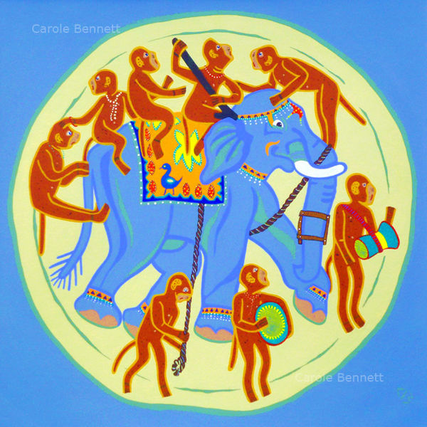 Indian Elephant with Monkeys; acrylic; 20 x 20