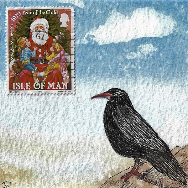 Manx Chough with stamp; 10 x 10; pen and watercolour NFS