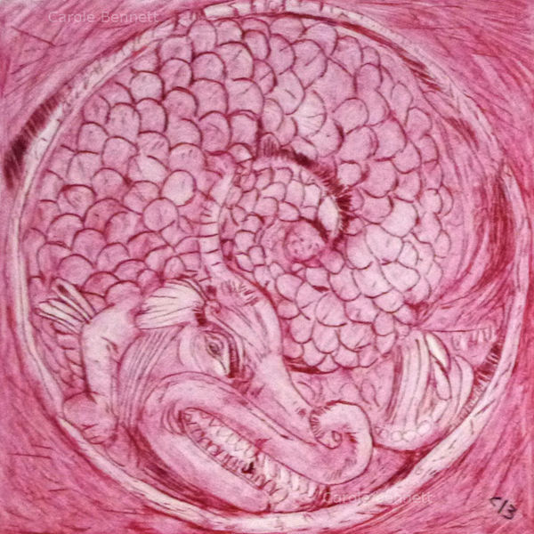 Pink Dragon; etching, 10 x 10 FS