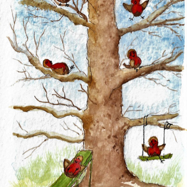 Robins at Play; 14x9; pen and watercolour NFS