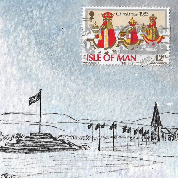 Tynwald Hill with stamp; 10 x 10; pen and watercolour NFS