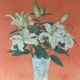 White lilies, orange background