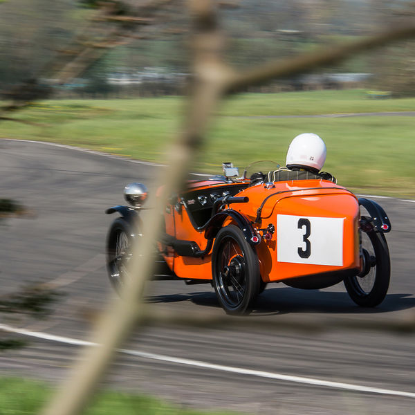 Vintage Sports Car Club Curborough Speed Trials 2019, #17 orange vintage racing car at speed on curborough sprint course