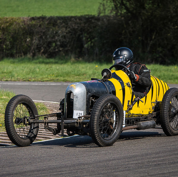 Vintage Sports Car Club Curborough Speed Trials 2019, #30 black and yellow striped vintage racing car at speed on curborough sprint course