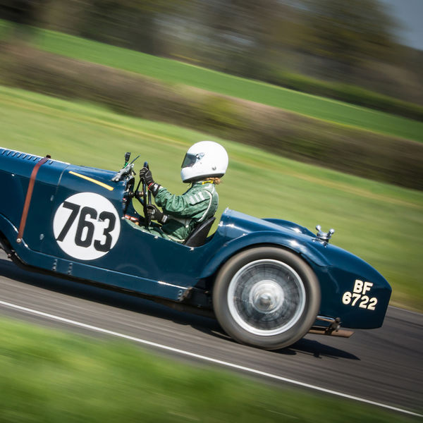 Vintage Sports Car Club Curborough Speed Trials 2019, #33 teal vintage racing car at speed on curborough sprint course