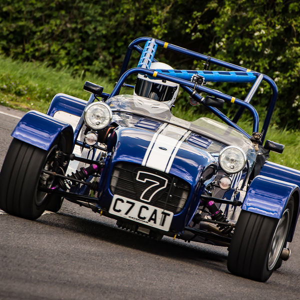 Lotus 7 Club Speed Championships, Curborough, #34 blue caterham 7 rounding the fradley hairpin corner at curborough sprint track