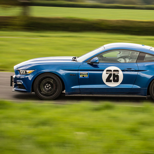 British Motorsports Marshals Sprint, Curborough Sprint Course, #34 blue ford mustang full speed with panning photography