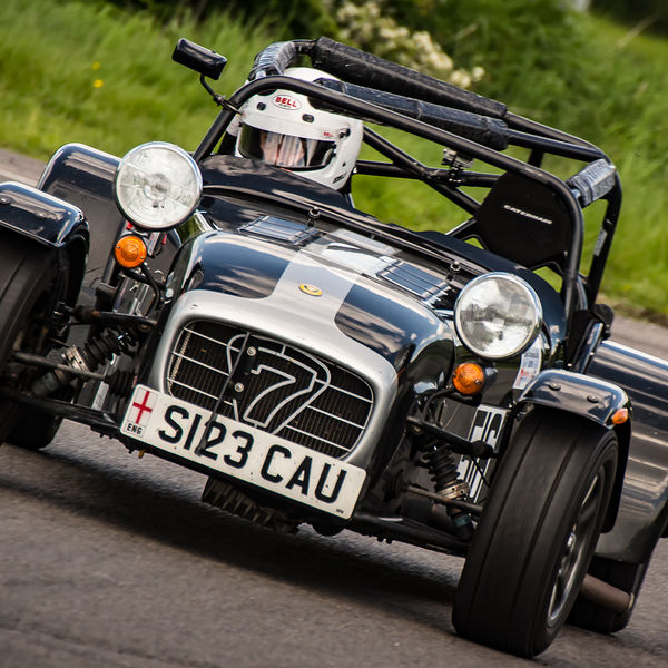 Lotus 7 Club Speed Championships, Curborough, #41 black and silver caterham 7 rounding the fradley hairpin corner at curborough sprint track