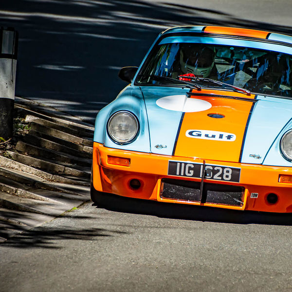 Porsche at Prescott 2019, #51 gulf liveried porsche 911 at speed during the porsche at prescott hill climb event
