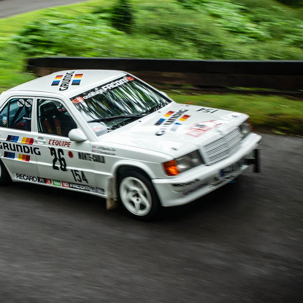 Classic Nostalgia 2019, Shelsley Walsh Hill Climb, #19 Cosworth mercedes 190 racing car at speed on shelsley walsh hill climb circuit