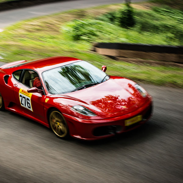 Best of British 2019, Shelsley Walsh, #52 red ferrari 360 modena with motion blur on shelsley walsh hill climb at speed