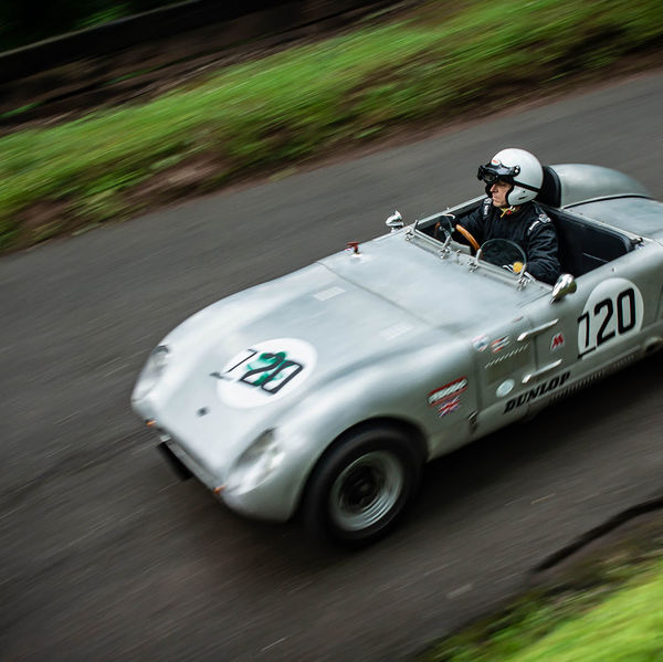 Classic Nostalgia 2019, Shelsley Walsh Hill Climb, #39 classic aluminium bodied racing car at speed on shelsley walsh hill climb circuit