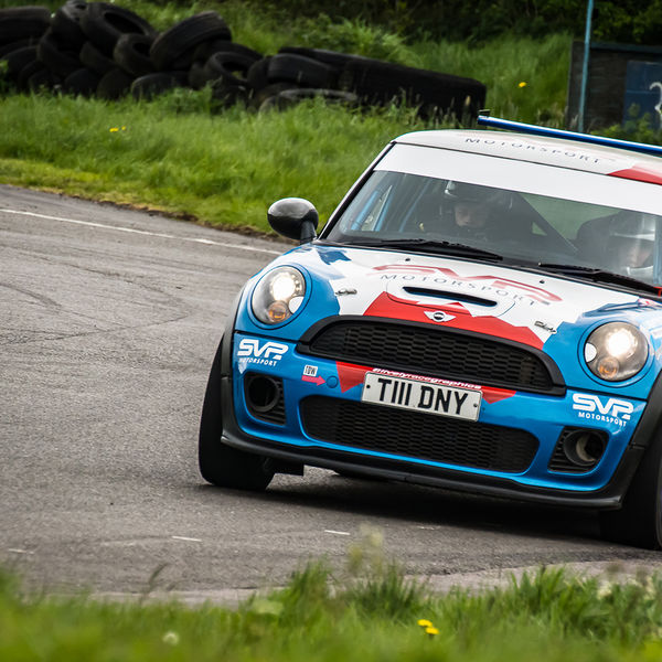 Quinton Motor Club May Track Day, Curborough, #13 Blue Mini turning into the hairpin at speed on Curborough Sprint Course