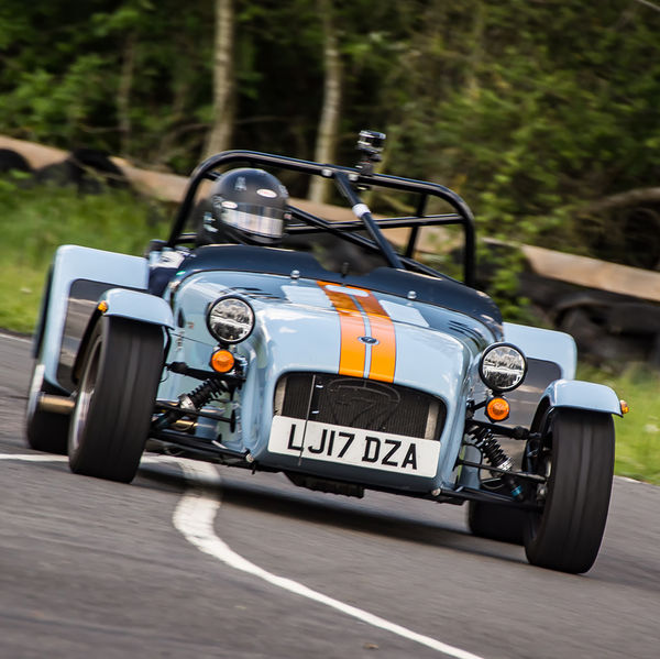 Lotus 7 Club Speed Championships, Curborough, #24 Gulf racing caterham 7 at speed through curborough sprint course mole hill corner