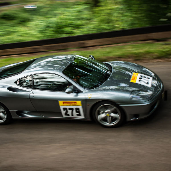 Best of British 2019, Shelsley Walsh, #54 silver ferrari 360 modena attacking shelsley walsh hill climb at speed