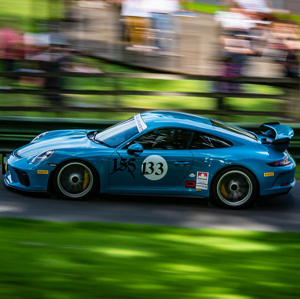 Porsche at Prescott 2019, #02 blue porsche 911 gt3rs at speed during the porsche at prescott hill climb event