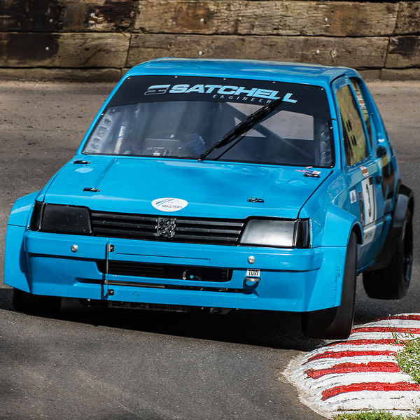 Best of British 2019, Shelsley Walsh, #49 blue satchel engineering peugeot 205 on two wheels at shelsley walsh hill climb at speed