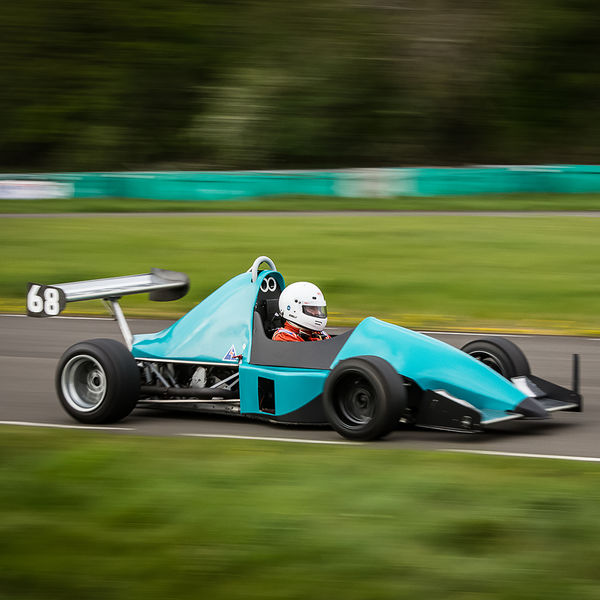 Curborough Sprint Championship 2019 - Round One - #33 light blue motorcycle engined race car as speed on curborough sprint track