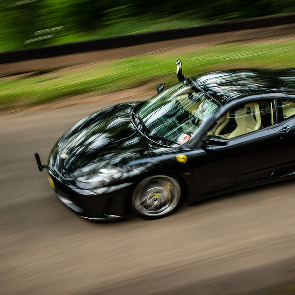 Best of British 2019, Shelsley Walsh, #53 black ferrari 460 modena descending shelsley walsh hill climb at speed