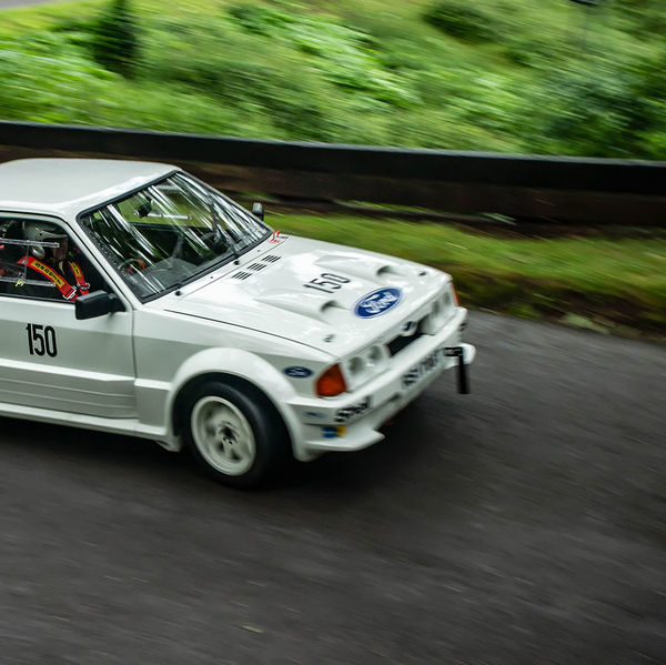 Classic Nostalgia 2019, Shelsley Walsh Hill Climb, #17 classic ford Escort RS1700T rally car at speed on shelsley walsh hill