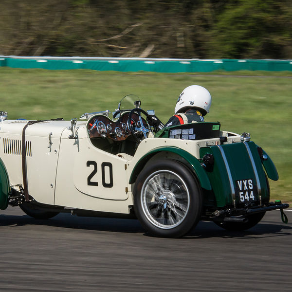 Vintage Sports Car Club Curborough Speed Trials 2019, #19 cream coloured vintage racing car at speed on curborough sprint course
