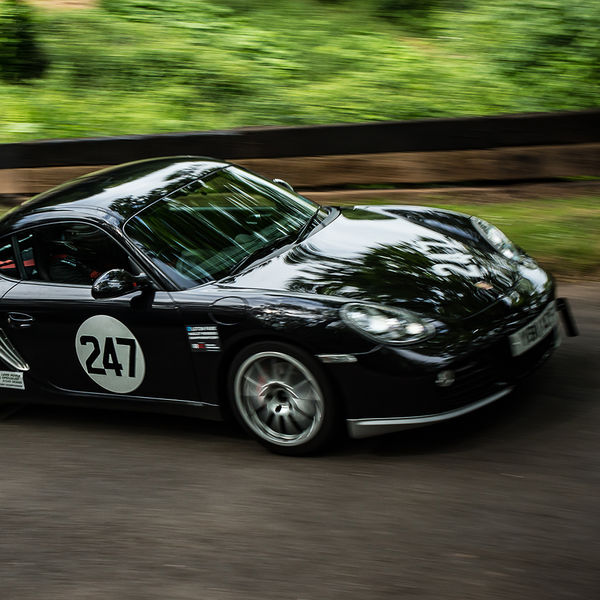 Best of British 2019, Shelsley Walsh, #57 black porsche 911 with motion blur on shelsley walsh hill climb at speed
