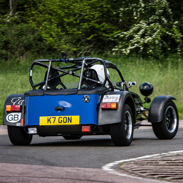 Lotus 7 Club Speed Championships, Curborough, #13 Blue Caterham 7 at speed round flag pole corner at shenstone sprint course