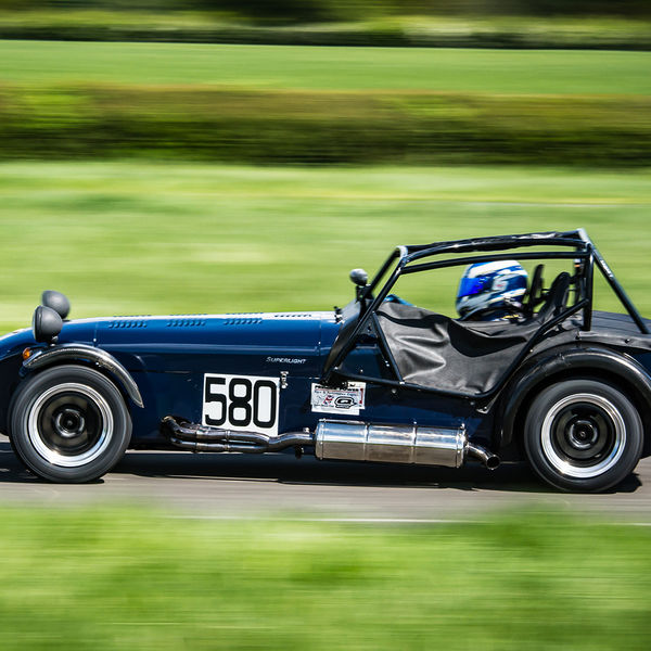 Lotus 7 Club Speed Championships, Curborough, #06 Dark Blue Caterham 7 at speed along the Curborough sprint course shenstone straight