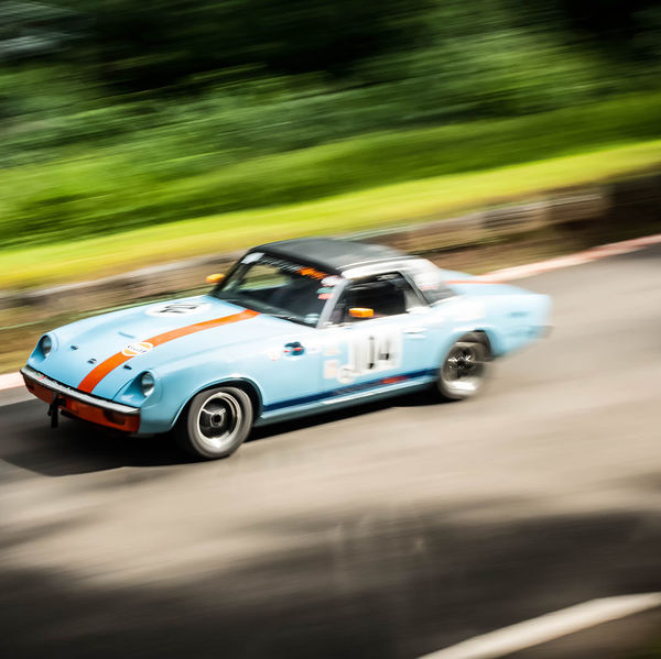 Classic Nostalgia 2019, Shelsley Walsh Hill Climb, #10 gulf coloured austin healey classic racing car at speed on shelsley walsh hill climb circuit