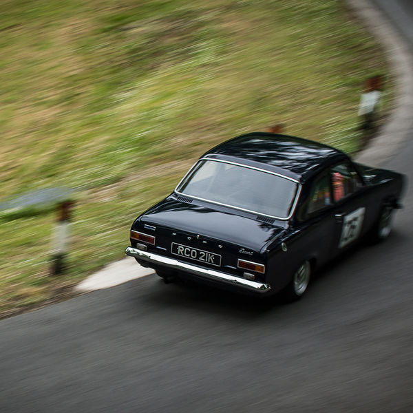 La Vie en Bleu 2019, Prescott Speed Hill Climb, #45 black ford escort mark one travelling up prescott hill climb course at considerable speed