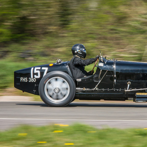 Vintage Sports Car Club Curborough Speed Trials 2019, #16 black vintage bugatti at speed through curborough flagpole corner