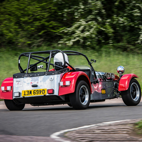 Lotus 7 Club Speed Championships, Curborough, #16 Red Caterham 7 at speed round flag pole corner at shenstone sprint course
