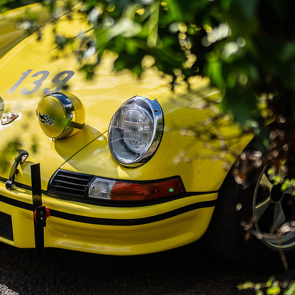 Classic Nostalgia 2019, Shelsley Walsh Hill Climb, # yellow classic porsche 911 racing car waiting in the lane at shelsley walsh hill climb