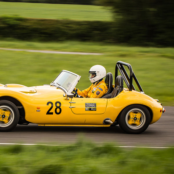 British Motorsports Marshals Sprint, Curborough Sprint Course, #35 yellow sports car exiting fradley hairpin at speed