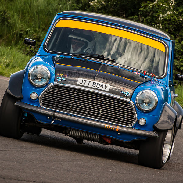 British Motorsports Marshals Sprint, Curborough Sprint Course, #37 classic blue mini cooper taking the fradley hairpin at speed