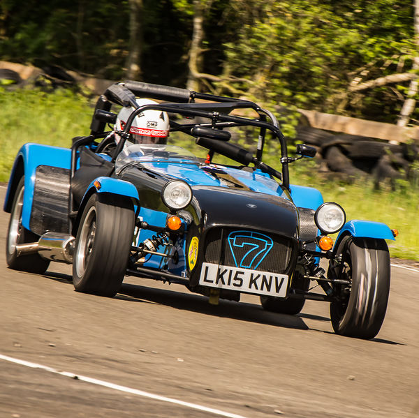 Lotus 7 Club Speed Championships, Curborough, #27 bright blue caterham 7 at speed through curborough sprint course mole hill corner
