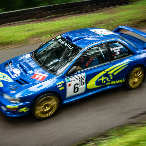 Classic Nostalgia 2019, Shelsley Walsh Hill Climb, #24 juha kankkunen subaru impreza rally car at spped on shelsley walsh hill