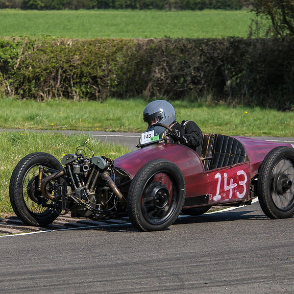 Vintage Sports Car Club Curborough Speed Trials 2019, #24 red jap engined vintage racing car at speed on curborough sprint course