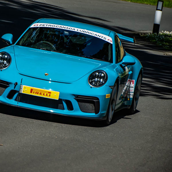 Porsche at Prescott 2019, #34 blue porsche 911 gt3rs at speed during the porsche at prescott hill climb event