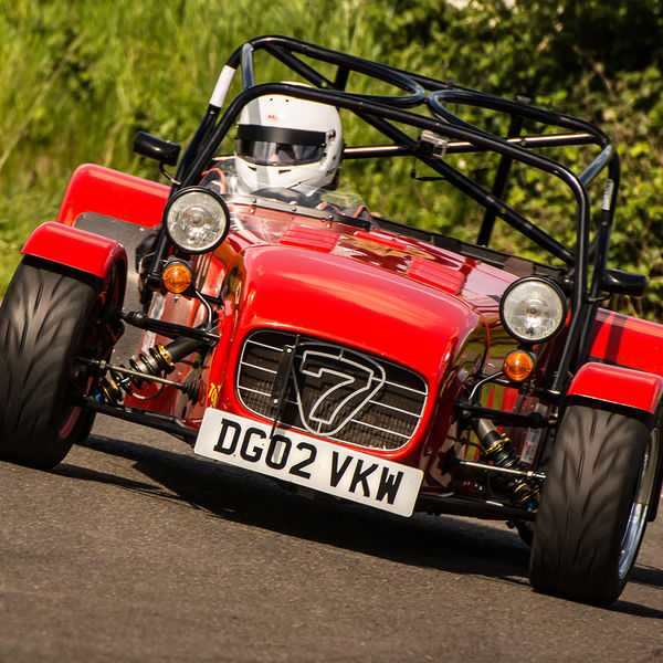 Lotus 7 Club Speed Championships, Curborough, #53 red caterham 7 rounding the fradley hairpin corner at curborough sprint track