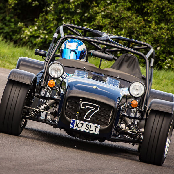 Lotus 7 Club Speed Championships, Curborough, #35 black caterham 7 rounding the fradley hairpin corner at curborough sprint track