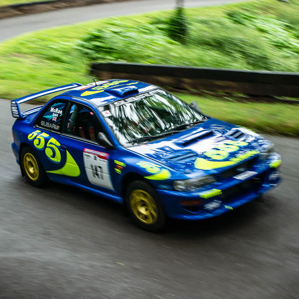 Classic Nostalgia 2019, Shelsley Walsh Hill Climb, #27 Coiln McRae Subaru Impreza rally car at speed on shelsley walsh hill