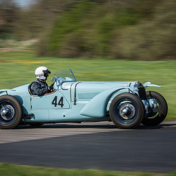 Vintage Sports Car Club Curborough Speed Trials 2019, #11 Blue vintage racing car at speed along curborough sprint track