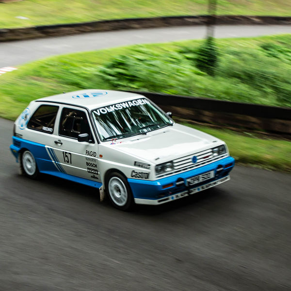 Classic Nostalgia 2019, Shelsley Walsh Hill Climb, #36 classic volkswagen golf racing car at speed on shelsley walsh hill climb circuit