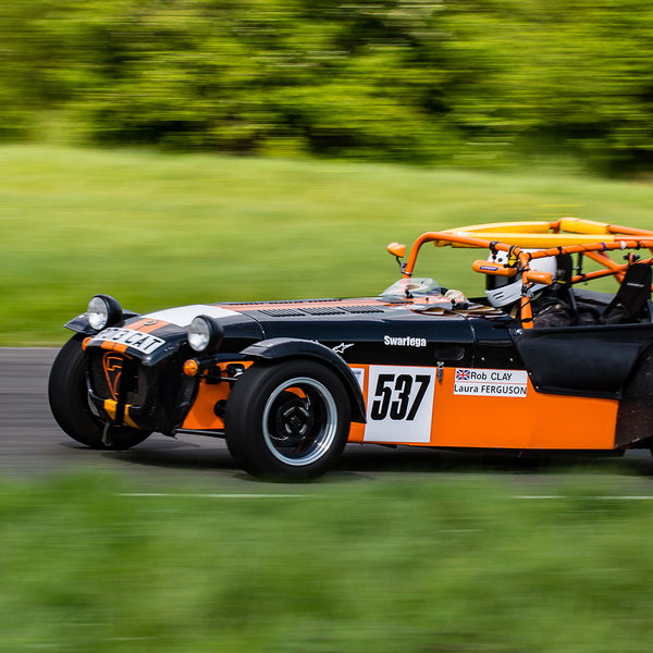 British Motorsports Marshals Sprint, Curborough Sprint Course, #14 Orange and black Lotus 7 Caterham Westfield at speed on Curborough Sprint Course