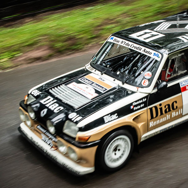 Classic Nostalgia 2019, Shelsley Walsh Hill Climb, #26 classic renault five rally car at speed on shelsley walsh hill climb circuit