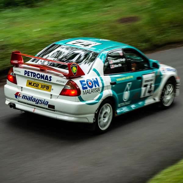 Classic Nostalgia 2019, Shelsley Walsh Hill Climb, #32 works proton rally car at speed on shelsley walsh hill climb circuit