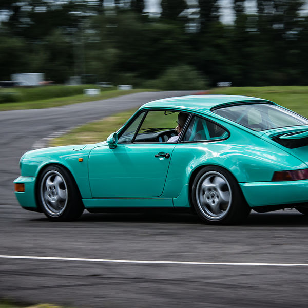 Porsche Club GB, R13, Track Day 2019, Curborough, #21 mint green porsche 911 race car at speed on curborough sprint track