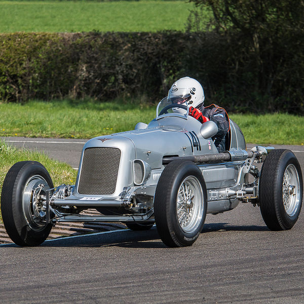 Vintage Sports Car Club Curborough Speed Trials 2019, #05 Silver vintage racing car at speed on curborough sprint course