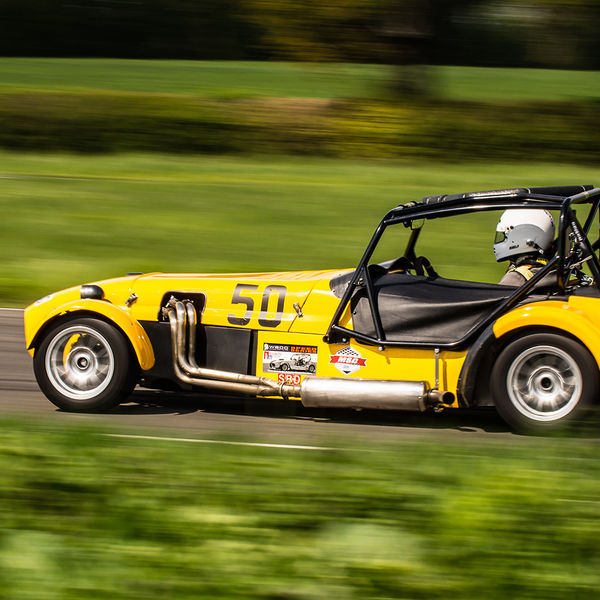 British Motorsports Marshals Sprint, Curborough Sprint Course, #16 Yellow Lotus 7 Caterham Westfield at speed on Curborough Sprint Course